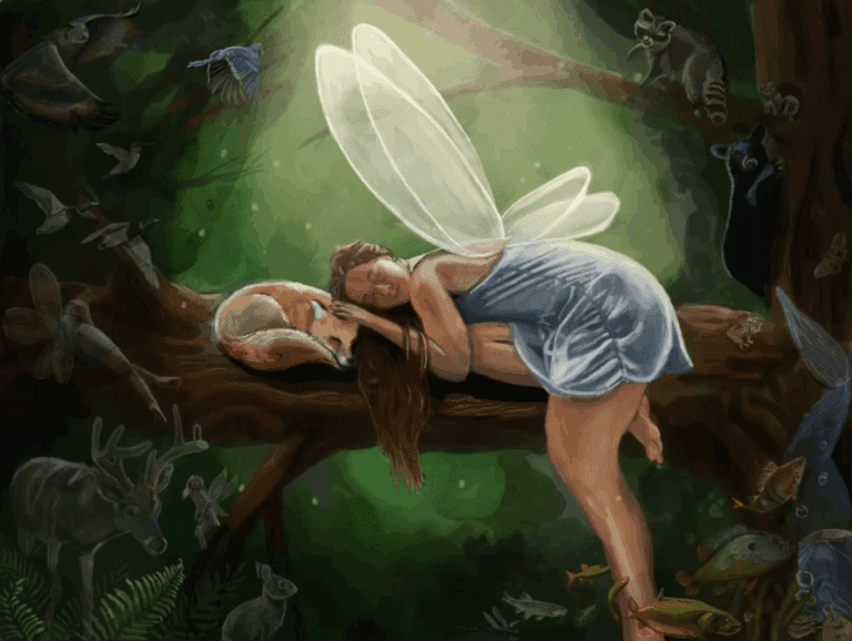Whimsical Fairy and Fox Painting by Ink & Arrow Graphic Designer – Artistic Illustration - Ink & Arrow Marketing Co. Painting of a fairy resting with a sleeping fox on a tree, created by Ink & Arrow graphic designer